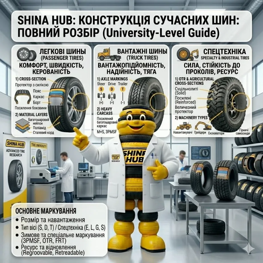 Конструкція сучасних шин: легкові, вантажні та спецтехніка — повний розбір від ShinaHUB